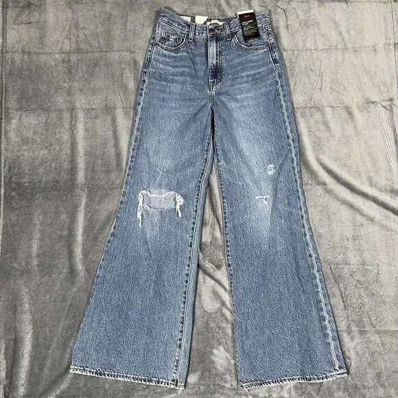 Levi's High Loose Flare Jeans Womens 26 X 32 Blue Wash High Rise Distressed - Picture 1 of 14